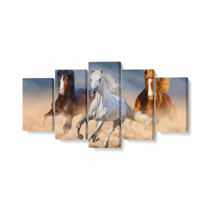 Tablou MultiCanvas 5 piese, Three Horse in Desert - canvasgift.ro