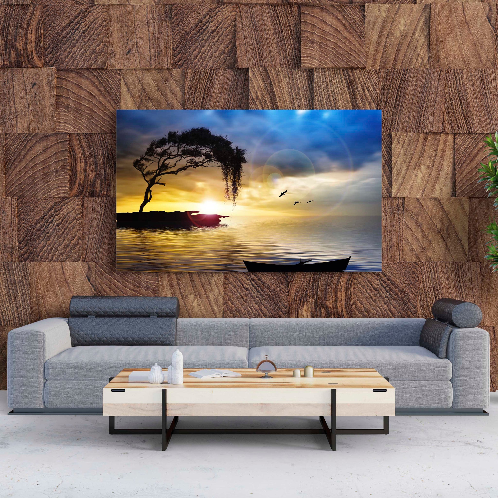 Tablou Canvas Tree, Boat and Sea Painting