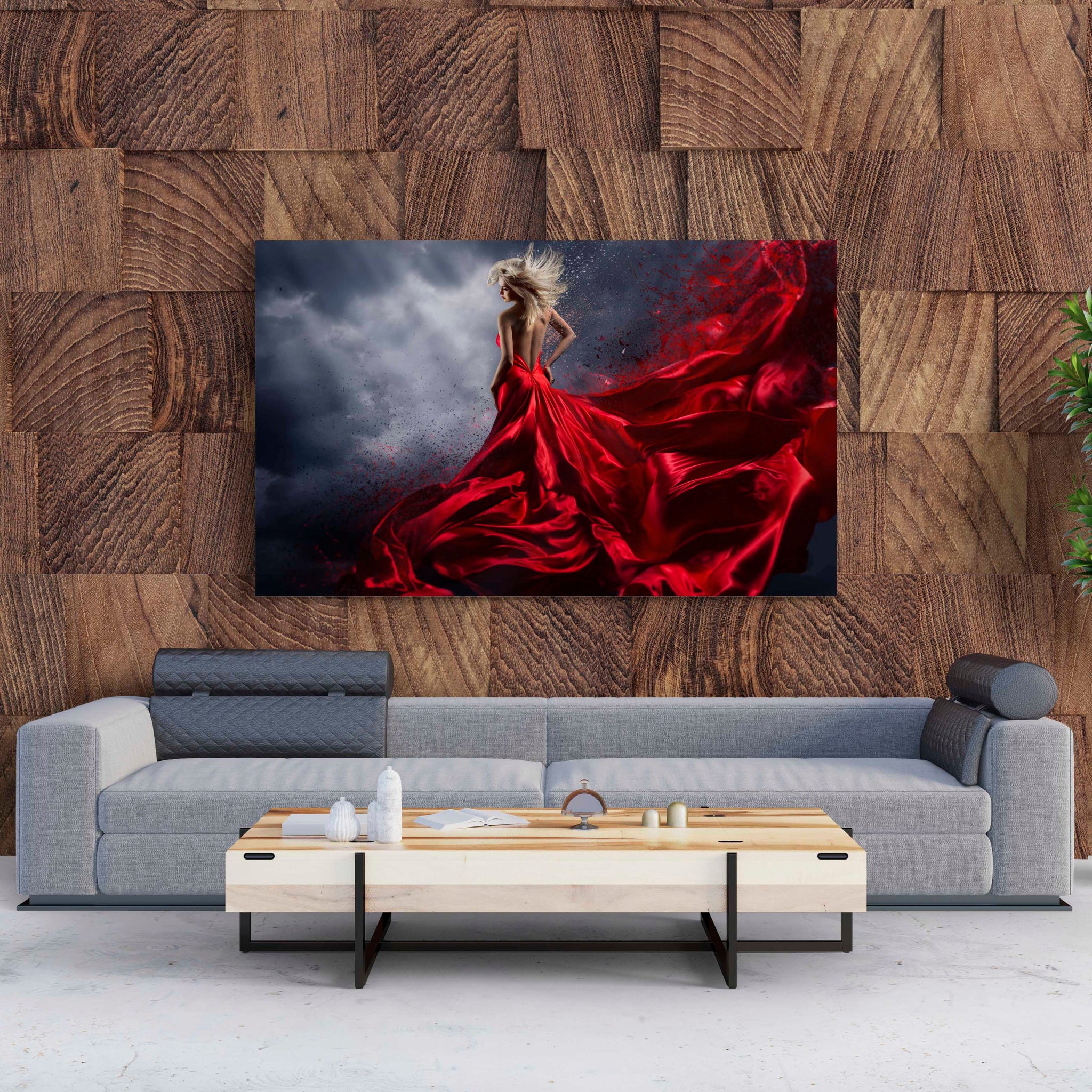 Tablou Canvas Woman in Red Dress Dance over Storm Sky