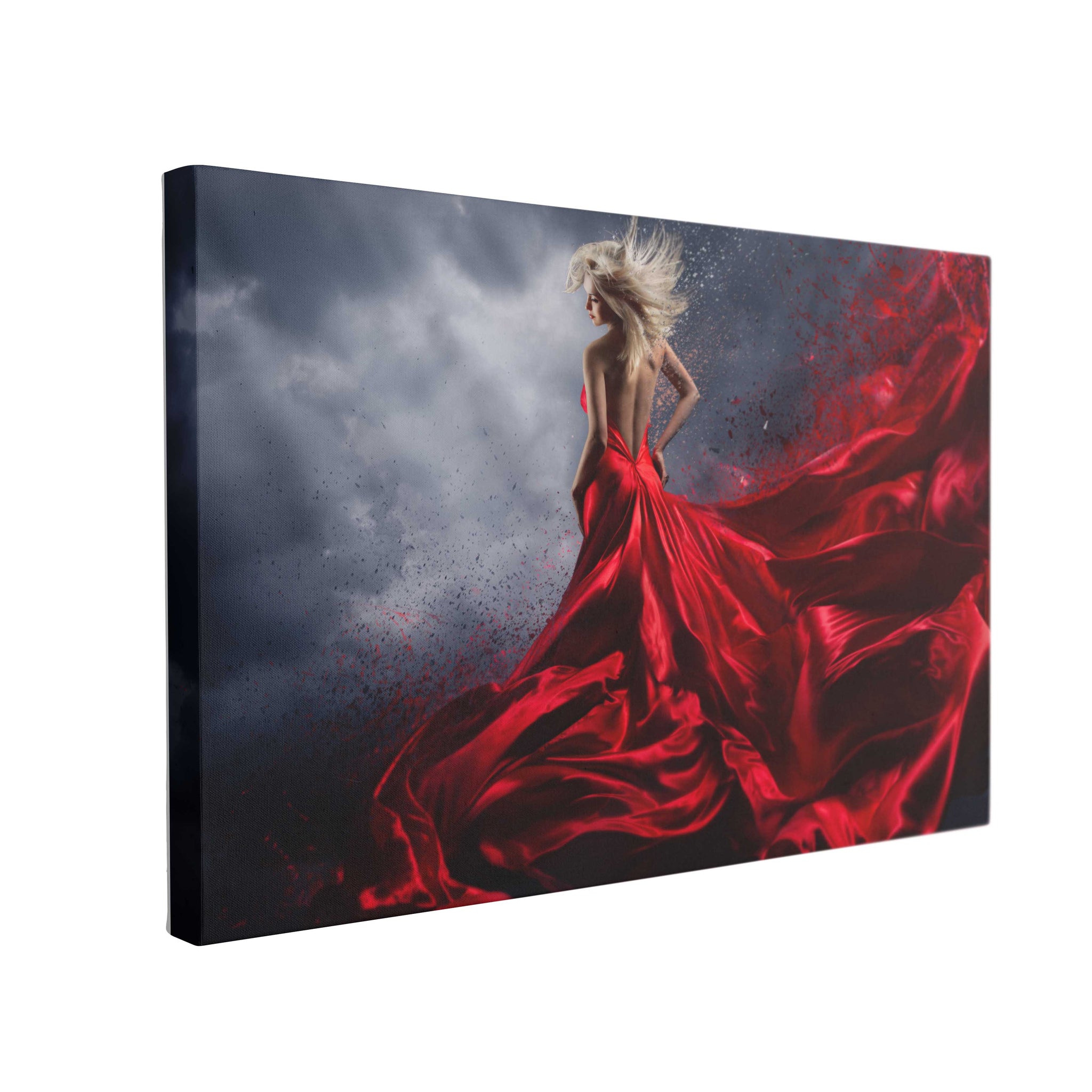 Tablou Canvas Woman in Red Dress Dance over Storm Sky